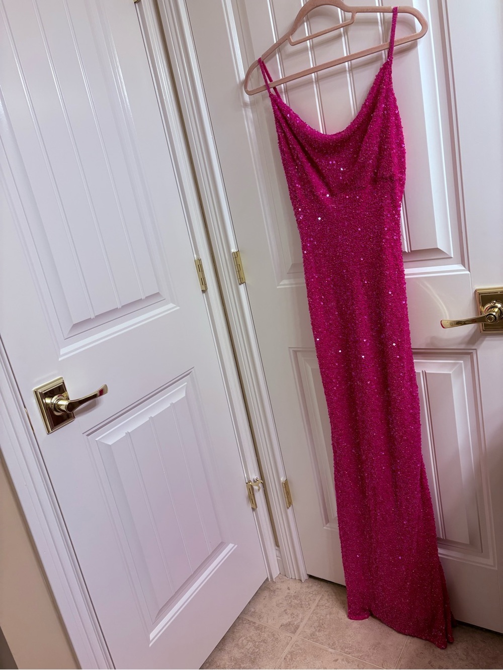 SCALA Y2K Pink Beaded Silk Sparkle Spaghetti Strap Long Sequin Gown Dress Size M